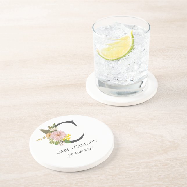 Floral Monogram Letter C Custom Name and Date  Coaster (Side)