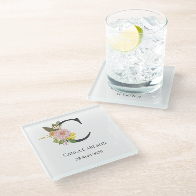 Floral Monogram Letter C Custom Name and Date  Glass Coaster (Angled)