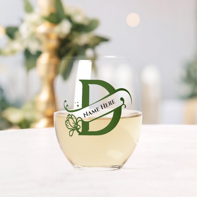 Floral Monogram Letter D Add Name Change Colour  Stemless Wine Glass (Insitu (Wedding))