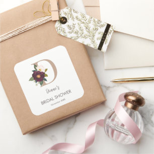 Floral Monogram Letter D Bridal Shower    Square Sticker