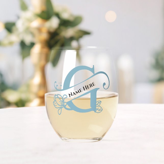 Floral Monogram Letter G Add Name Change Colour  Stemless Wine Glass (Insitu (Wedding))