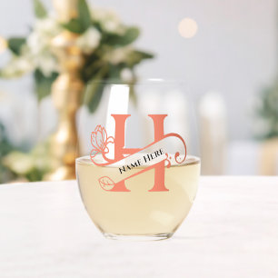 Floral Monogram Letter H Add Name Change Colour Stemless Wine Glass