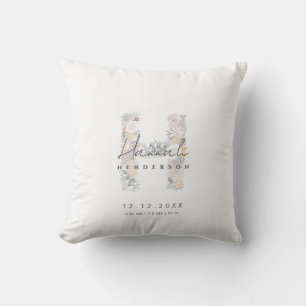 Floral Monogram Letter H Baby Birth Stats Cushion