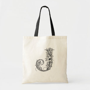 Floral Monogram Letter J Reusable Canvas Tote Bag