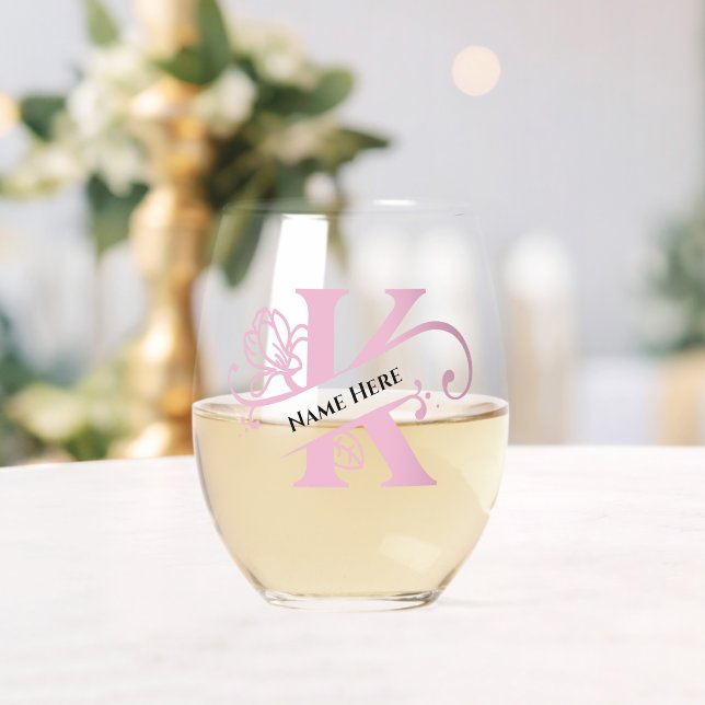 Floral Monogram Letter K Add Name Change Colour  Stemless Wine Glass (Insitu (Wedding))