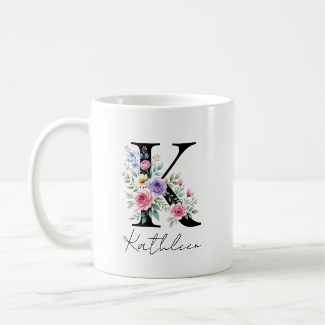  Floral Monogram – Letter K Coffee Mug (Left)