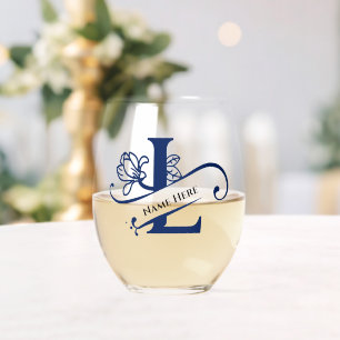 Floral Monogram Letter L Add Name Change Color Stemless Wine Glass