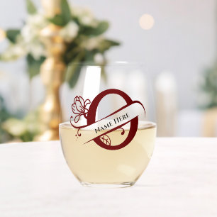 Floral Monogram Letter O Add Name Change Colour Stemless Wine Glass