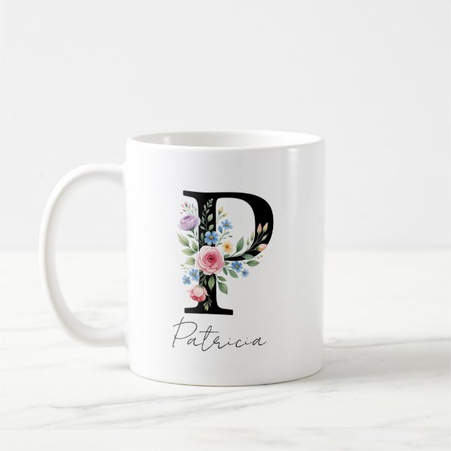  Floral Monogram – Letter P Coffee Mug (Left)