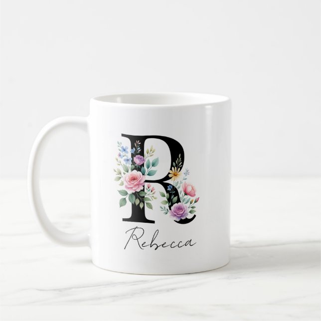  Floral Monogram – Letter R Coffee Mug (Left)