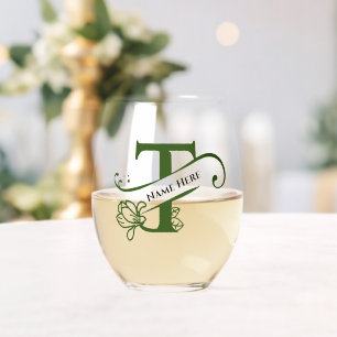 Floral Monogram Letter T Add Name Change Color Stemless Wine Glass