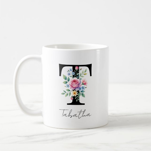  Floral Monogram – Letter T Coffee Mug (Left)
