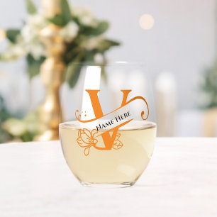 Floral Monogram Letter V Add Name Change Colour Stemless Wine Glass