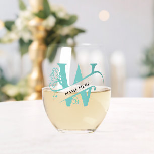 Floral Monogram Letter W Add Name Change Colour Stemless Wine Glass