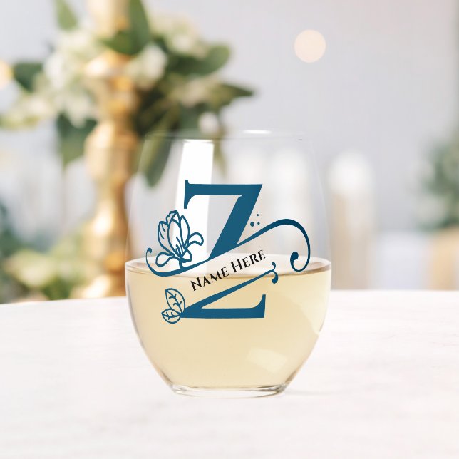 Floral Monogram Letter Z  Add Name Change Colour  Stemless Wine Glass (Insitu (Wedding))