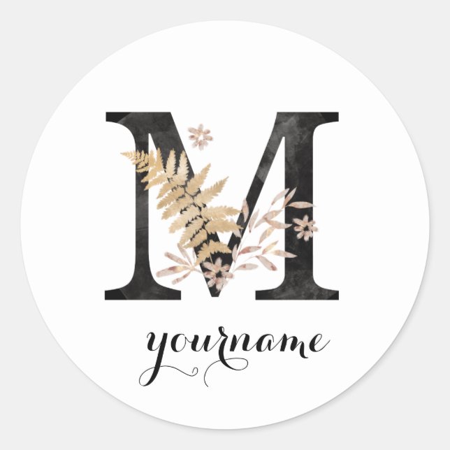 Floral Monogram M Black Gold Flora Classic Round Sticker (Front)