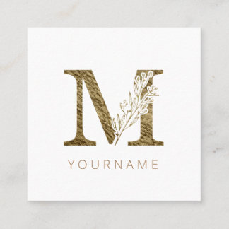 Floral Monogram M Elegant Gold Foliage Square Business Card