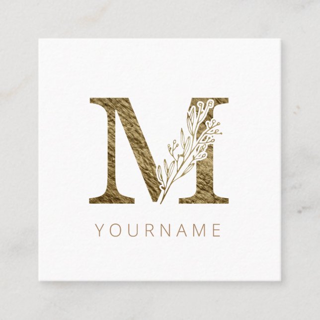 Floral Monogram M Elegant Gold Foliage Square Business Card (Front)