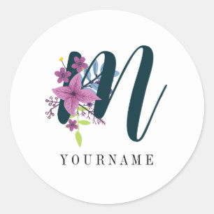Floral Monogram M Wildflower Burst Classic Round Sticker