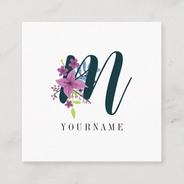 Floral Monogram M Wildflower Burst Square Business Card (Front)