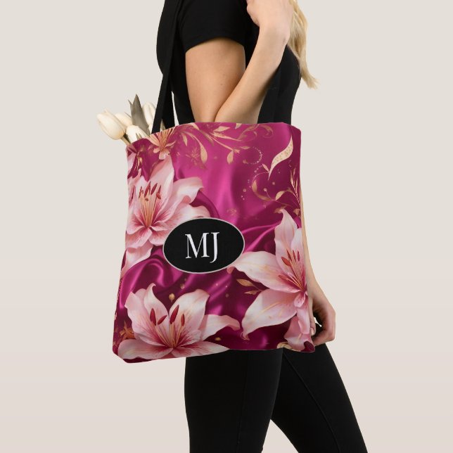 Floral Monogram Magenta Gold Custom Tote Bag (Close Up)