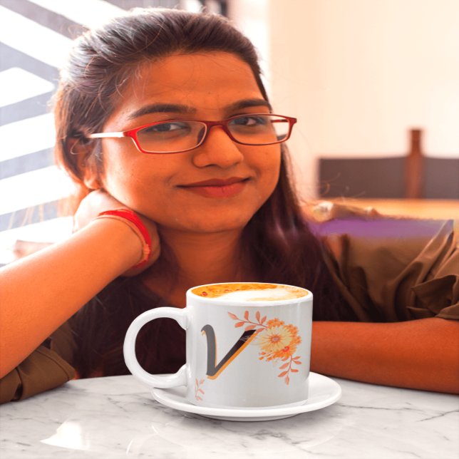 Floral Monogram Mug –Elegant Letter V-writ u name (Creator Uploaded)