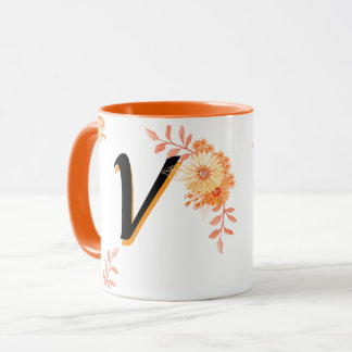 Floral Monogram Mug –Elegant Letter V-writ u name