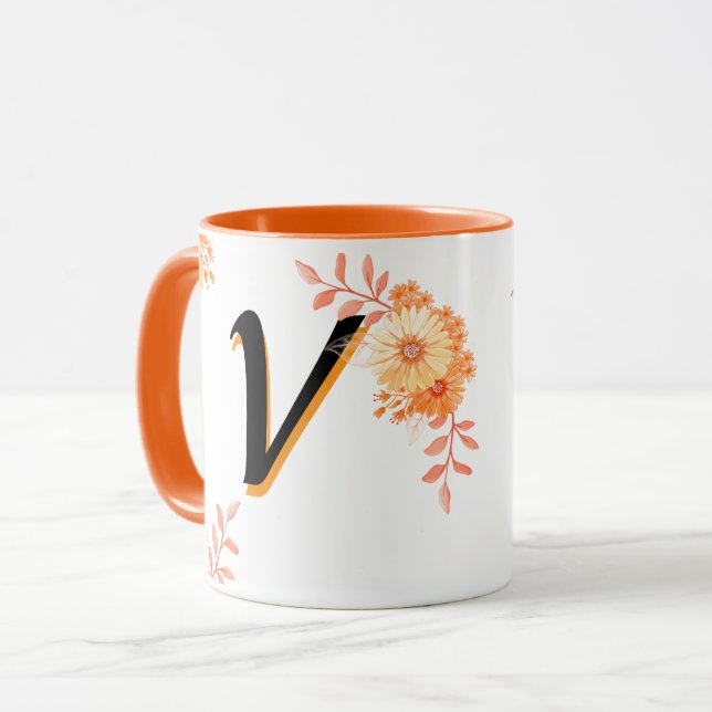 Floral Monogram Mug –Elegant Letter V-writ u name (Front Left)