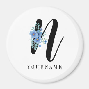 Floral Monogram N Blue Flower Burst Magnet
