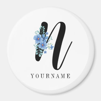 Floral Monogram N Blue Flower Burst Magnet