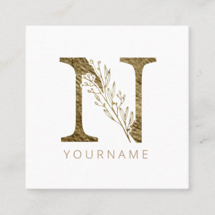 Floral Monogram N Elegant Gold Foliage Square Business Card