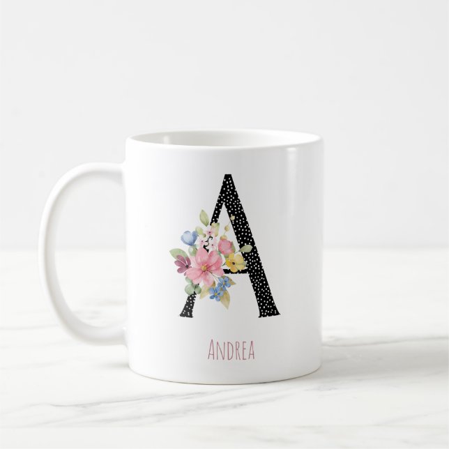 Floral Monogram Name A Black Polka Dot  Coffee Mug (Left)