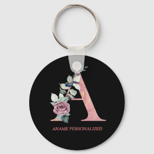 Floral Monogram Name Letters Pink Agate  Key Ring