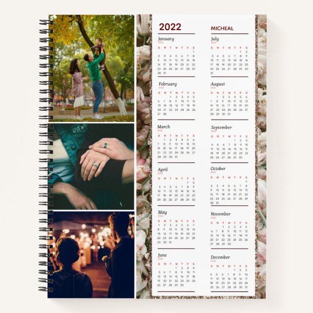Floral Monogram name & three photos calendar 2022  Notebook (Front)