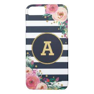 Floral Monogram Navy Gold Stripes iPhone 7 Case