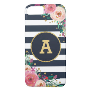 Floral Monogram Navy Gold Stripes iPhone 7 Case
