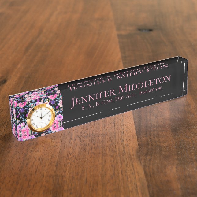 Floral Monogram Personalised Pink Black  Nameplate (Side)