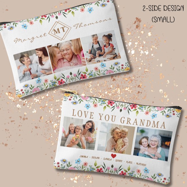 Floral Monogram Photo Accessory Pouch To Mum  (Unique accessory pouch, 2 side design, with monogram and photos for Mother's Day or any occasions)