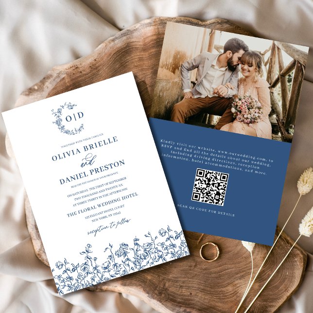 Floral Monogram Photo QR Code Navy Blue Wedding Invitation (Creator Uploaded)