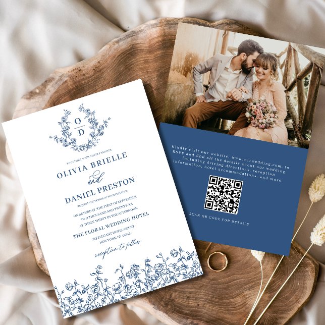 Floral Monogram Photo QR Code Navy Blue Wedding Invitation (Creator Uploaded)