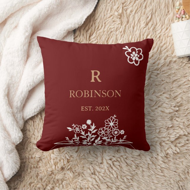Floral Monogram Pillow | Red & Gold Home Decor (Blanket)