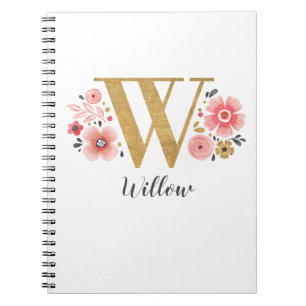 Floral Monogram Pink Gold Letter W Notebook