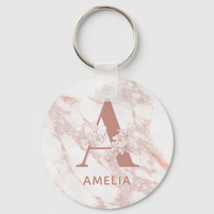 Floral Monogram Pink Rose Gold Marble Custom Name Key Ring