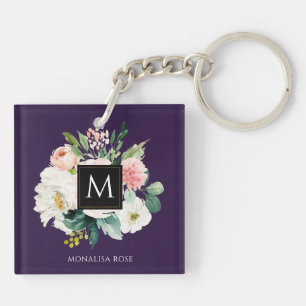 floral monogram purple colour key ring