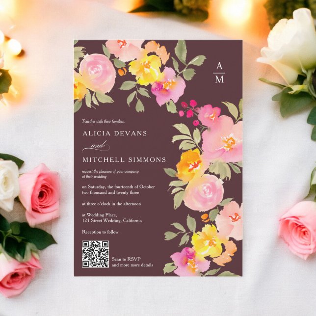 Floral monogram Qr code photo brown wedding Invitation (Floral monogram Qr code photo brown wedding Invitation)