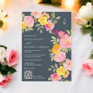 Floral monogram Qr code photo grey wedding Invitation