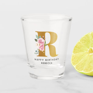 Floral Monogram R Birthday Personalised Name Shot Glass