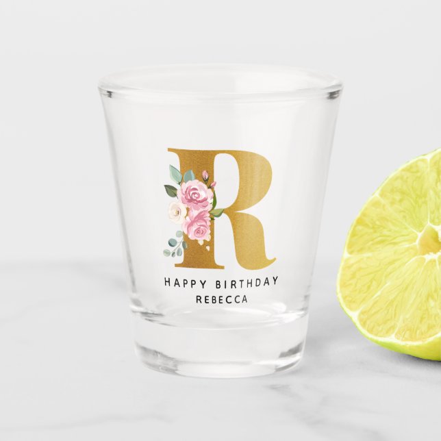 Floral Monogram R Birthday Personalised Name Shot Glass (Front)