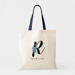 Floral Monogram R Blue Flower Burst Tote Bag