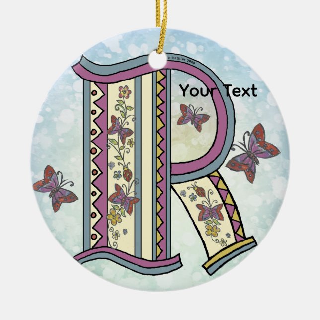 floral Monogram R  Ceramic Ornament (Front)